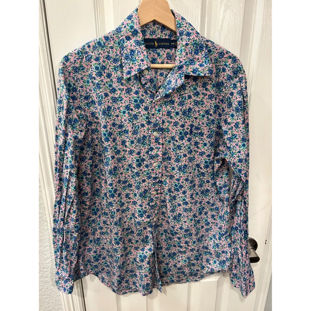 Ralph Lauren Button Down Shirt Pink Blue Floral Cotton Long Sleeve Mens M - Picture 1 of 4